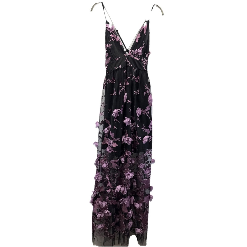 Black Pink 3D Floral Deep V Maxi Dress 8 Dark Fairy Whimsigoth Witchy Sheer Mesh